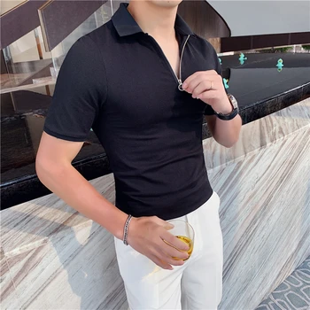 20 Vasaras korejiešu Stila vīriešu Polo Krekls tīrtoņa Krāsas Rāvējslēdzējs Dizains Vienkāršs Atloks ar Īsām Piedurknēm Tshits Iela Valkāt Vīriešu Apģērbs