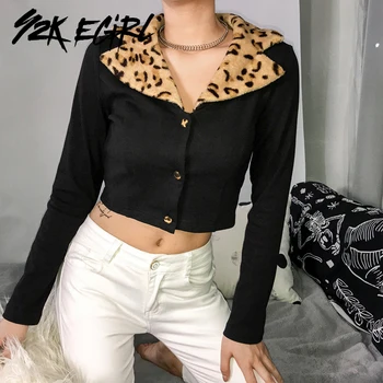 Y2K EGIRL Vintage Leopard Viltus Kažokādas Apkakli, Trikotāžas Jakas 90s Streetwear Viena krūtīm, garām Piedurknēm Apgriezts Topi Rudens Goth