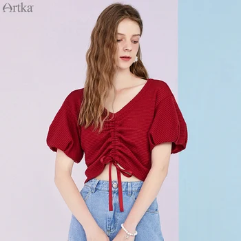 ARTKA 2020. gada Vasarā Jaunā Sieviešu T-krekls Vintage V-veida Kakla Puff Sleeve Red Topi Aukliņu Kultūraugu Top Brīvs T-krekli, Sieviešu SA25203X