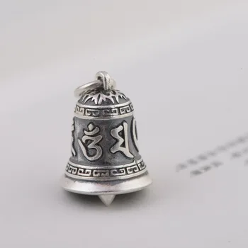 990 Tibetas Sudraba Seši Vārdi Bell Kulons vintage tīra sudraba Budistu Mantra OM Bell Kulons Labas Veiksmes Amulets