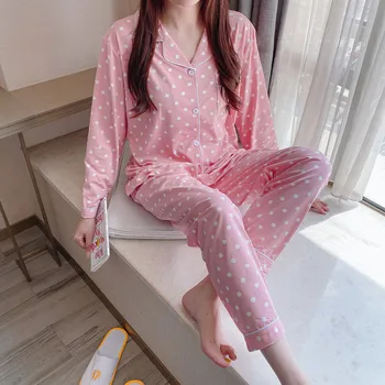 2020. gada Rudenī ar garām Piedurknēm Cute Karikatūra Drukāt Pidžamas Komplekti Sievietēm korejas Sleepwear Uzvalks Pyjama Homewear Pijama Mujer Mājas Drēbes