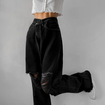 Ripped Black Y2K Džinsi Meitenēm Modes Sieviešu 2021New Pušķis Vintage Džinsa Bikses Nelegālo Augstas Jostasvietas Bikšu Harajuku Capri