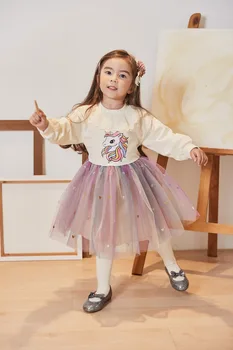 Rudenī Jaunas Ielidošanas Meitenes, Unicorn Drēbes Mežģīņu Apkakli, garām Piedurknēm Krekli +Mīlestības Varavīksnes Svārki 2gab Princese Dzimšanas dienas Tērpiem