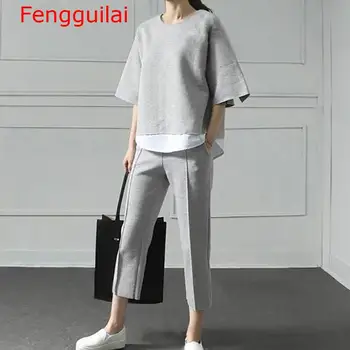 Fengguilai Rudens Divi Gabali Uzstādīt Sievietes Tērps Raibs Hem Top Ar Elastīgu Vidukli, Plus Lieluma Teļš Garums Bikses, Sieviešu Apģērbs