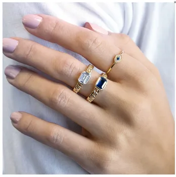 Zelta kubas šarnīrķēdes viena akmens pirksta gredzenu sieviešu krāšņs vienkārši modes viena akmens saderināšanās gredzeni