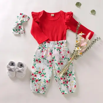 Baby Meitenes ar garām Piedurknēm Ruffles Cietā Bodysuits + Ziedu Drukāt Bikses + Galvas Bērni 3Pcs Piemērots Zīdaiņu Apģērbu Komplekti Rudens