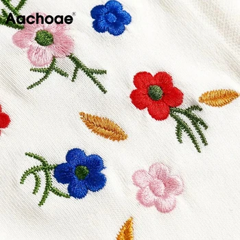 Aachoae Elegantu Ziedu Izšuvumu Sieviešu Krekls Ar Garām Piedurknēm Ikdienas Jakas V Kakla Korejiešu Sieviete Baltā T Camiseta Mujer