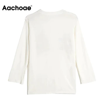 Aachoae Elegantu Ziedu Izšuvumu Sieviešu Krekls Ar Garām Piedurknēm Ikdienas Jakas V Kakla Korejiešu Sieviete Baltā T Camiseta Mujer