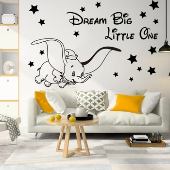 Karikatūra Dream Big Maziņais Lidot Dumbo Zilonis Star Sienas Decal Bērnu Istabas Dumbo Dzīvnieku Iedvesmojošu Citātu, Sienas Uzlīme