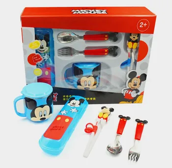 Disney Bērnu Dinnerware Uzstādīt Autonoma Galda piederumi, Bļoda mazuļu Barošanas Komplekts Mickey Minnie Piena Kausa Irbulīši Karote, Dakša Komplekts