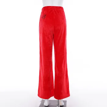 Augsta Vidukļa Izšūti Plaša Kāju Bikses Streetwear Sarkanu Melna Samta Silts Izlīdzināšanu Bikses 2019 Rudens Ziemas Gadījuma Sieviešu Bikses