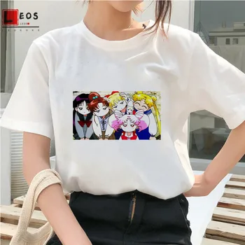 Sailor Moon Sieviešu T-Krekls Anime Drukāt Harajuku Zaudēt Īsām Piedurknēm Meitenēm Summer Cartoon Gadījuma Gudrs Kaķis Modes Dāma Top Tee