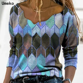 Kontrasta Krāsu Plus Izmēra 5XL V-veida kakla ar garām Piedurknēm Brīvs T Krekls Sievietēm Pavasara Rudens Y2K Apģērba Ģeometriju Tee Top Tshirt