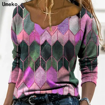 Kontrasta Krāsu Plus Izmēra 5XL V-veida kakla ar garām Piedurknēm Brīvs T Krekls Sievietēm Pavasara Rudens Y2K Apģērba Ģeometriju Tee Top Tshirt