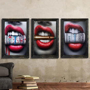 Mākslas Sexy Sarkanu Lūpu ar Naudas Dolāru Audekls Mākslas Izdrukas Mājas Dekori Gleznas, Sienas, Mākslu, Dzīvojamā Istaba, Birojs, Bārs