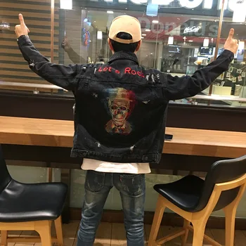 Rudens 2020. gadam, Modes jauns Japāņu marku retro hip-hop iela ripped caurumu jaka gadījuma galvaskausa izšuvumi korejas džinsa apģērbu vīriešiem