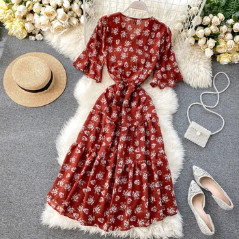 Vintage ruffles V Kakla slim ir 2021. ziedu drukāt kleita garas vasaras vestido de festa Grupa Sievietēm, eleganta tunika beach brīvdienu kleita