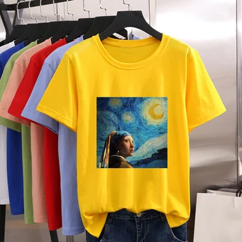 Skaista Universāls Sieviešu Jauns T-krekls Van Goga glezna Drukāšanas Sieviešu krekls Harajuku Gadījuma Brīvs O-veida kakla Multicolor Tshirt