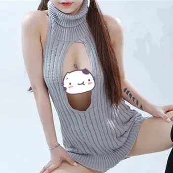 2019 Jaunu Un Seksīgu Sieviešu Backless Virgin Killer Džemperis Bodysuit Augstu Uzrullētu Apkakli Atvērtu Krūšu Dobi Japanes Adīti Džemperi Džemperi W22