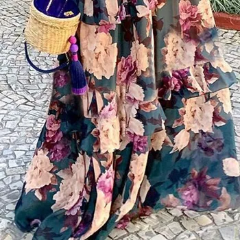 Divas Gabals Nosaka Vasaras Piedurknēm Kultūraugu Top un Ruffles Daudzslāņu Kleita Retro Ziedu Iespiesti Sievietēm Komplekti Boho Maxi Cēloņu Tērpi, Violeta
