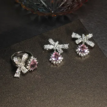 Korejas jauns dizains, modes rotaslietas izsmalcinātu greznību AAA rozā zircon auskari, gredzens, elegants sieviešu kāzu puse, puse auskari