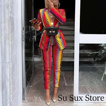 Modes Drukāt Divas Gabals, Kas Sievietēm Biroja Dāma Apģērbs Āfrikas Drēbes Ar Garām Piedurknēm Top&Zīmuli Bikses Uzvalks Varavīksnes Drukas Tracksuit