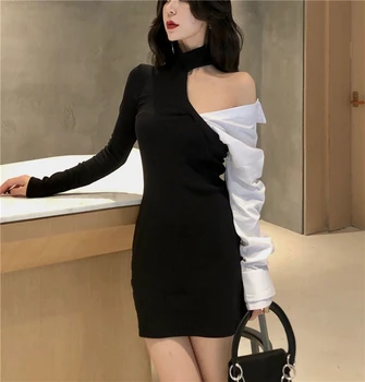 2020. gada rudenī jaunā korejiešu stilā, kontrasta krāsu garām piedurknēm kleita slim, sexy pavada kakla vienu plecu kleitas sievietēm