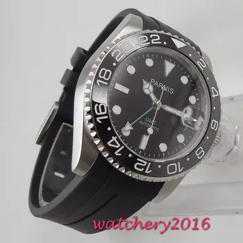 40mm PARNIS black dial safīra stikls GMT datuma logs, automātiska vīriešu rokas pulksteņi