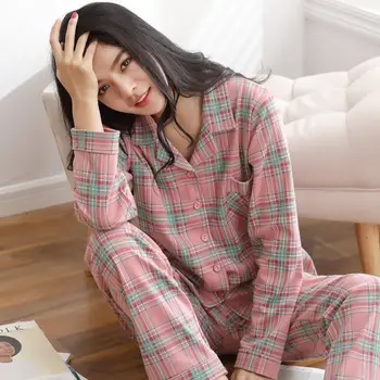 Kokvilnas Sleepwear Sieviešu Pidžamas komplekti Sieviete Svītrainām režģu sieviešu pidžamas Atpūtas Apģērbu ar garām Piedurknēm Meitenēm Homewear