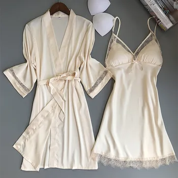 Sieviešu, Melnas Mežģīnes Sexy Homewear Satīna Naktsveļu Kimono Kleita 2GAB Drēbes, Uzstādīt Mīksto Jaunums Sleepwear Peldmētelis Intīmas Apakšveļa