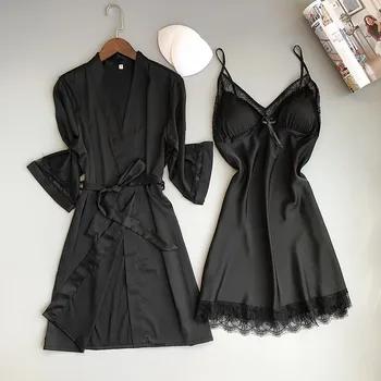 Sieviešu, Melnas Mežģīnes Sexy Homewear Satīna Naktsveļu Kimono Kleita 2GAB Drēbes, Uzstādīt Mīksto Jaunums Sleepwear Peldmētelis Intīmas Apakšveļa