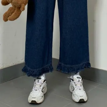 Augstas Starām. Jeans Sieviešu Gudrs Preppy Stils Rudenī, Pavasarī Vienkārši Salds Lielajam Tīņi Džinsa Bikses Visu maču korejiešu Meitenes Apakšā