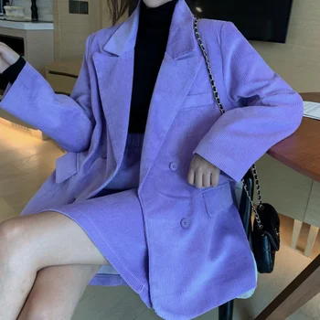 Modes Velveta Žakete, Vaļīga Komplekti Sievietēm Korejas Zaudēt Divus Gabalus Violeta Augstās Jostasvietas Bikses Uzvalki Velveta Mini Svārki Uzvalks