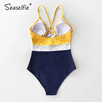 SEASELFIE Sexy Colorblock V-veida Kakla viengabala Peldkostīms Sievietēm Polsterētas Tases Monokini Ir 2021. Beach peldkostīms, Peldbikses