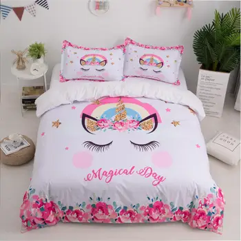 3D unicorn iespiesti gultas komplekti rozā vai gaiši zaļa fona, zeltainas auss unicorn drukāšanas sapņains gultas komplekti meitenēm