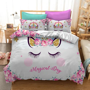 3D unicorn iespiesti gultas komplekti rozā vai gaiši zaļa fona, zeltainas auss unicorn drukāšanas sapņains gultas komplekti meitenēm