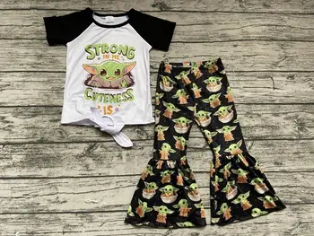 Baby meitenes vasaras īsām piedurknēm reglāns krekls bell grunts bikses dizaina karikatūra izdrukāt bērniem boutique nē moq tērpiem apģērbu komplekti