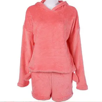 2020 Jaunas Ziemas Sieviešu Flaneļa Pidžamas Komplekts Cute Sedz Kapuci Pidžamu Silts Coral Fleece Sleepwear pelēkā vārna+Īss Vilkt 2gab Uzvalks