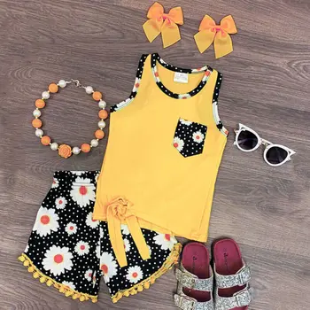 Bērnu Vasaras Apģērbu Baby Toddler Meitene Ziedu Piedurknēm Topi, T-krekli Pušķis Daisy Īss Galvu 3PCS Tērpiem Uzstādīt Sunsuit