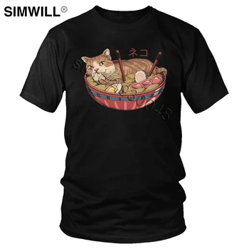 Vīriešu Cute Kaķu Kaķis, T Krekls foršo Japāņu Neko Ramen T-Krekls ar Īsām Piedurknēm Kokvilnas Gadījuma Harajuku Tee Modes Zīmolu Apģērbu