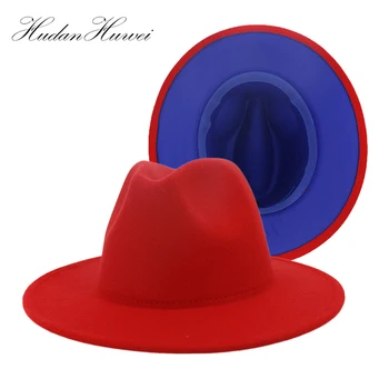 Eiropas ASV Modes Double-Sided Krāsu Saskaņošanas Vilnas Filcs, Fedora Cepuri ar Ādas Grupa Vīrieši Sievietes Dzīvoklis Malām Džeza Trilby Cepuri 60 CM