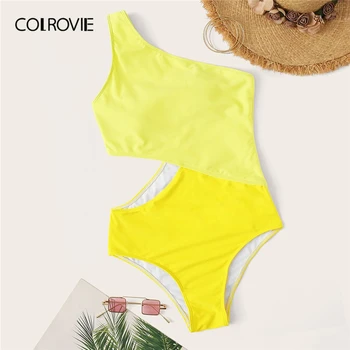 COLROVIE Neona Dzeltena Viena Pleca, Izgriezt Viens Gabals Peldkostīmi Sieviešu Sexy Bikini 2019. Gada Vasarā Divu Toņu Peldkostīmu Peldvietu Beachwear