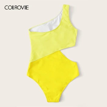 COLROVIE Neona Dzeltena Viena Pleca, Izgriezt Viens Gabals Peldkostīmi Sieviešu Sexy Bikini 2019. Gada Vasarā Divu Toņu Peldkostīmu Peldvietu Beachwear