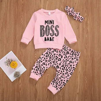 Pavasarī Baby Meiteņu Apģērbu Komplekti Ar Garām Piedurknēm Vēstuli Izdrukāt, Džemperi Sporta Krekls Topi Leopard Bikses Cepures Bērnu Apģērbu Komplekts