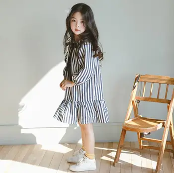 Bezmaksas piegāde Baby meitenes svītrainām garām piedurknēm kleita bērnu drēbītes bērniem, korejiešu stilā, mīksti kokvilnas princese kleita modies 756