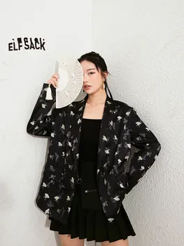 ELFSACK Black Grafiskais Izdrukāt Dubultā Krūtīm, korejas Sieviešu Satīna Žakete, Jaka 2020. Gada Vasaras ELF Pilnu Piedurknēm Dāmas Ikdienas Outwears