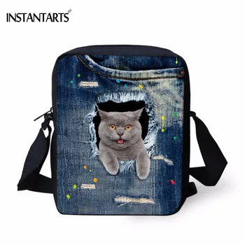 INSTANTARTS Kawaii 3D Džinsa Kaķis Drukāt Sieviešu Mini Messenger Bag Modes Dāmas Ceļa Pleca Soma, Zīmolu, Dizaineru Pārrobežu Ķermeņa Somas