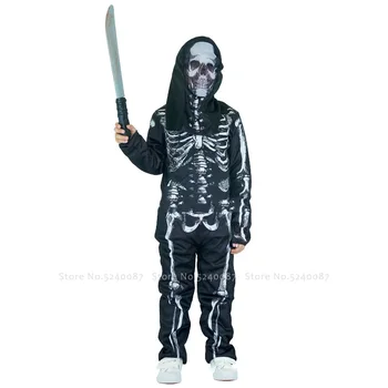 Halloween Šausmu Drukāt Skelets Jumpsuit Bērniem Zēns Maskēties Spoku Biedējošu Zombiju Cosplay Kostīmu Karnevāla Puse Kombinezonus Maska Cepure