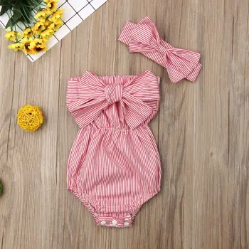 2019. gada Vasaras Zīdaiņu Apģērbs no 0-24M Jaundzimušā bērna Baby Meitenes Pie Pleca Svītrainām Romper Jumpsuit Jumpsuit Tērpiem