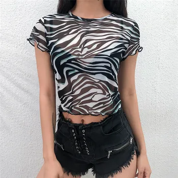 Sexy Sievietes Clubwear Ruffles Zebra Drukāt T-krekls Streetwear 2020. Gadam Milzīgais Acs redz Cauri T-Krekls ar Īsām Piedurknēm Crop Topi, T-krekls